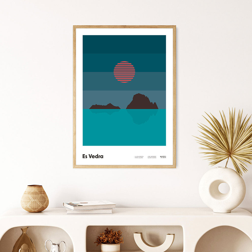 Framed Minimal style graphic design Ibiza art print of Es Vedra and the sun setting behind, Ibiza.