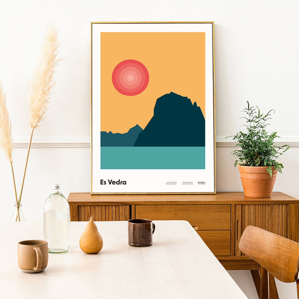 Framed Minimal style graphic design Ibiza art print of Es Vedra and the sun setting behind, Ibiza.