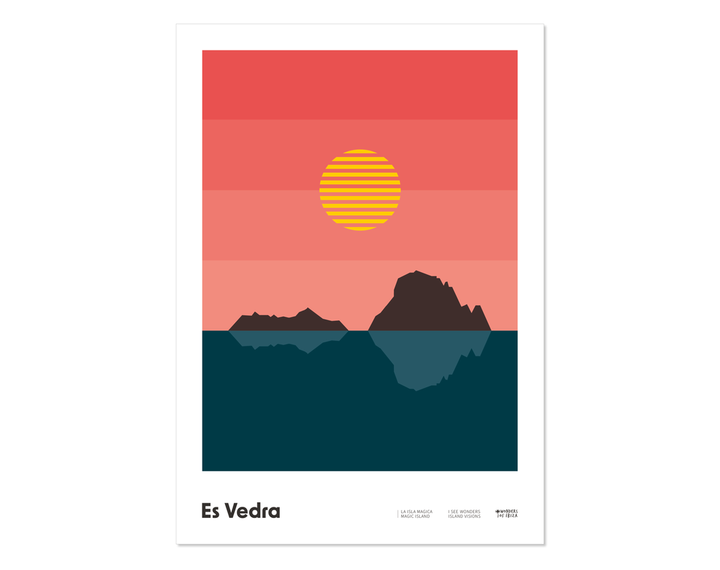 Minimal style graphic design Ibiza art print of Es Vedra and the sun setting behind, Ibiza.