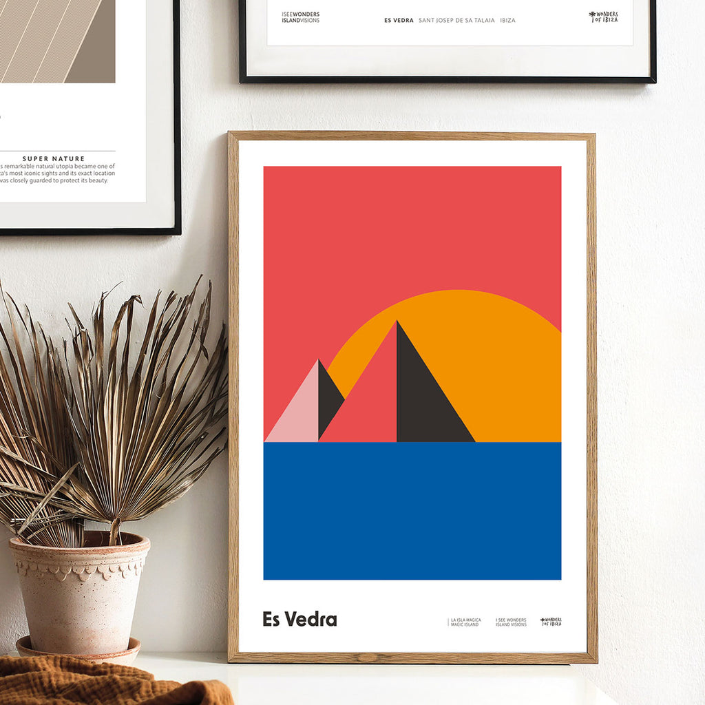 Framed Minimal style graphic design print of Es Vedra as prisms and the sun setting behind, Ibiza.