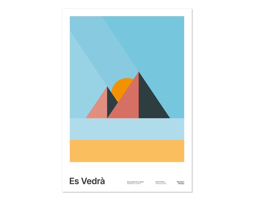 Minimal style graphic design Ibiza art print of Es Vedra, Ibiza represented as pink pyramids with golden sand on a blue sky background.