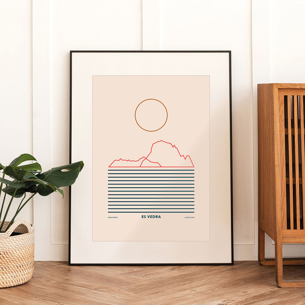 Framed Minimal style graphic design Ibiza art print of a line drawing of Es Vedra rocks with lines for the sea. 