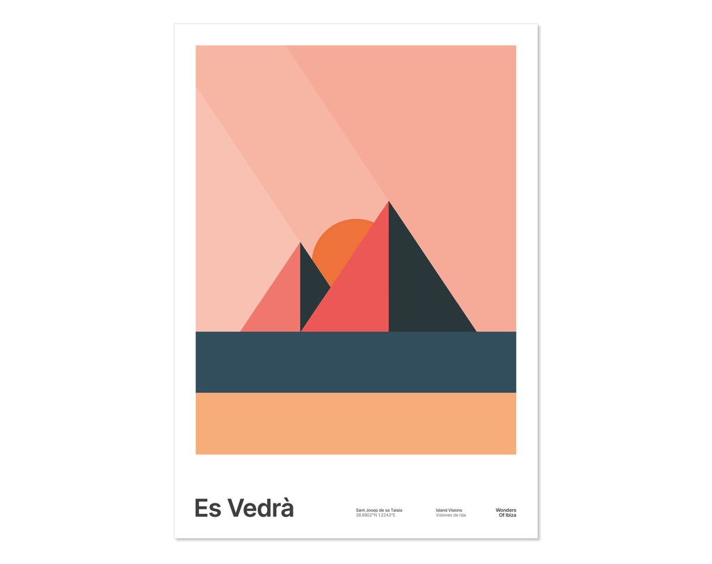 Minimal style graphic design Ibiza art print of Es Vedra, Ibiza represented as pink pyramids with golden sand on a light pink sky background