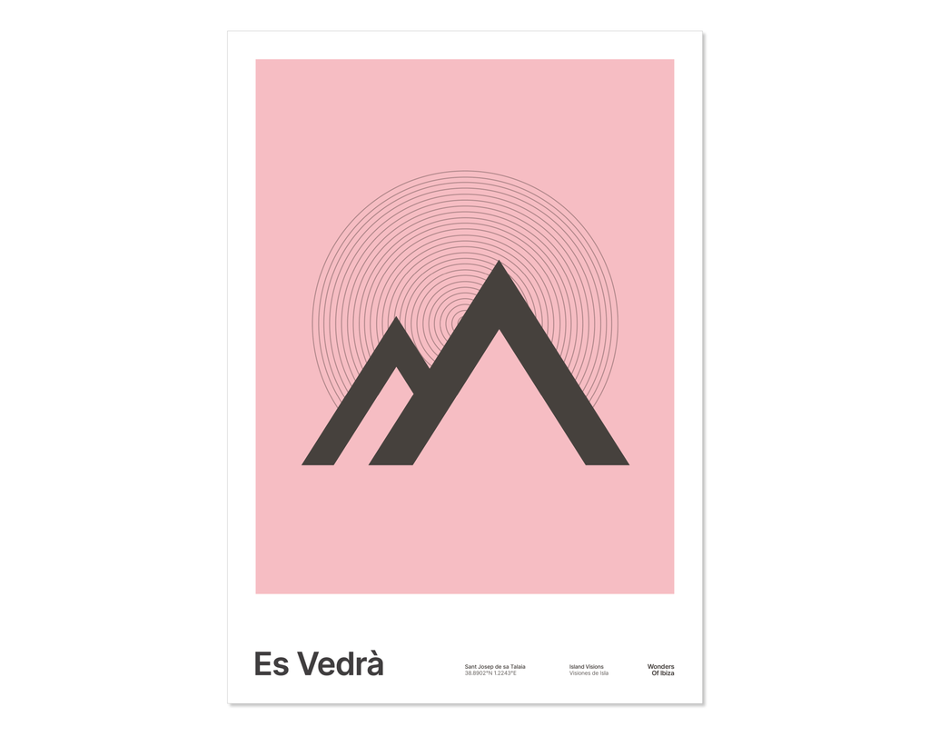 Minimal style graphic design Ibiza art print of Es Vedra, Ibiza represented as triangles on a pink background. 