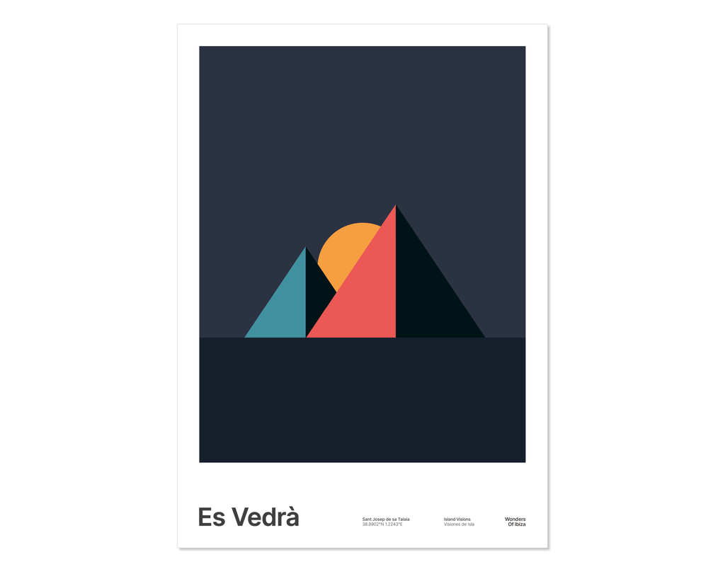 Minimal style graphic design Ibiza art print of Es Vedra, Ibiza represented as pink pyramids on a night sky background