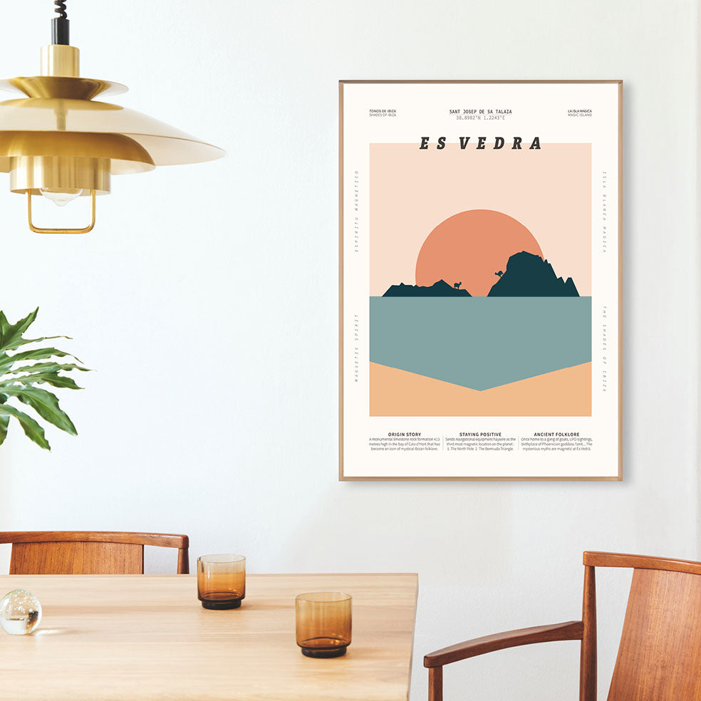 Framed Minimal style graphic design Ibiza art print of Es Vedra, Ibiza with the sun setting behind