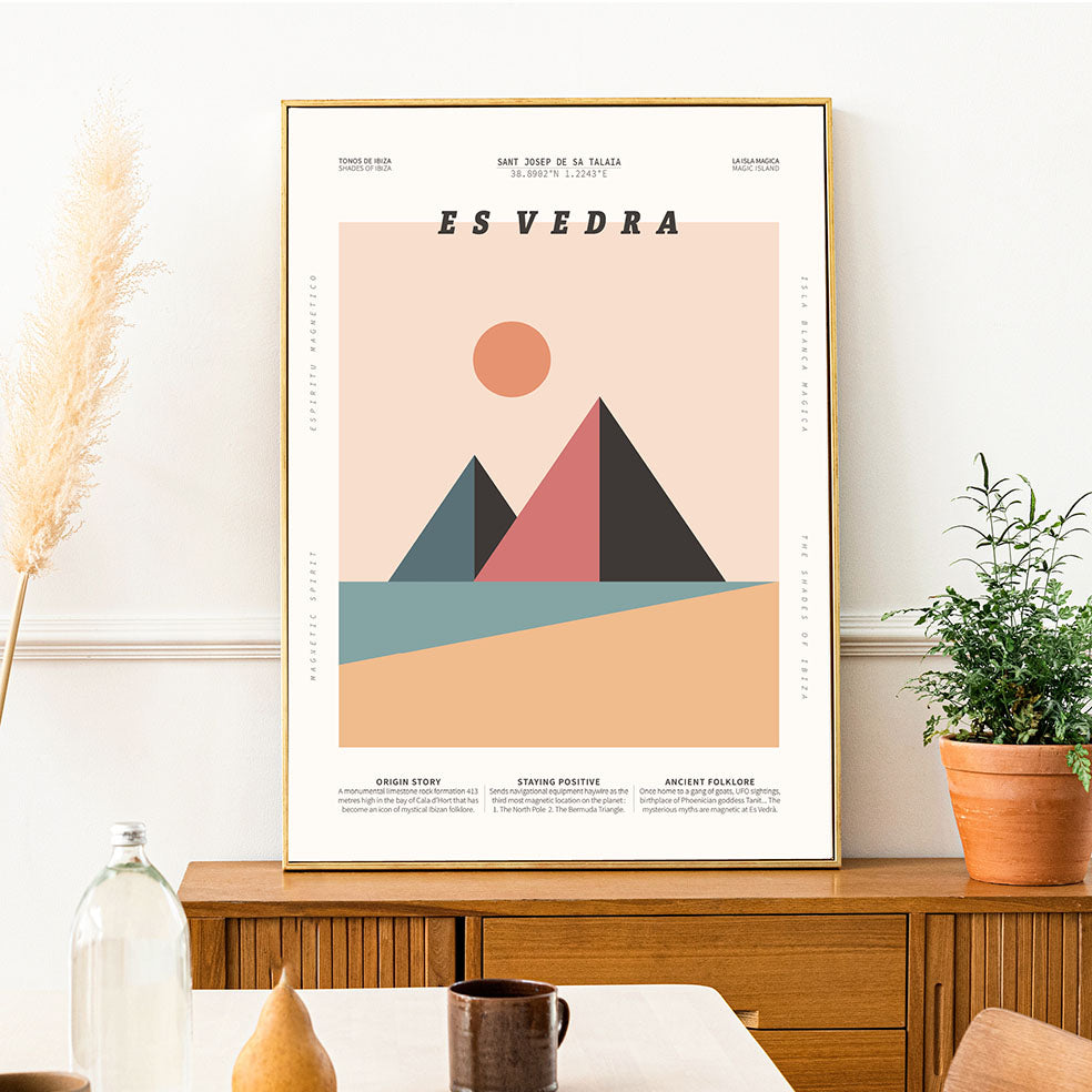 Framed Minimal style graphic design Ibiza art print of Es Vedra, Ibiza in minimalist triangular form.