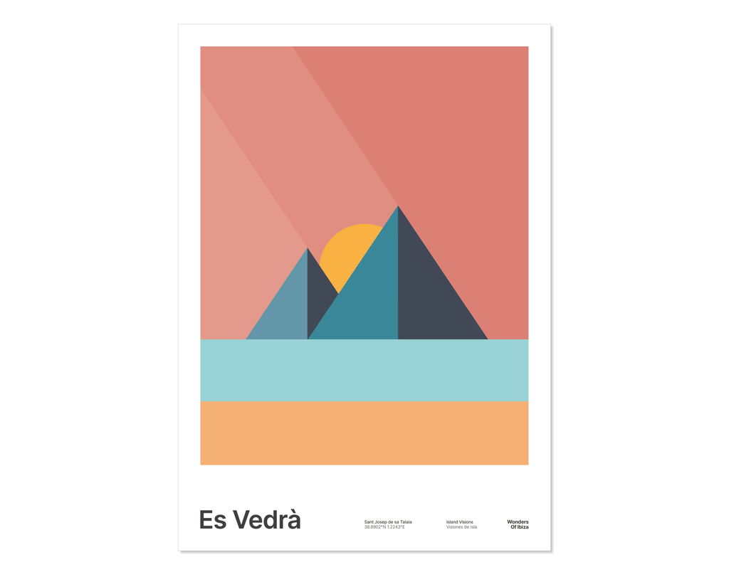 Minimal style graphic design Ibiza art print of Es Vedra, Ibiza represented as blue pyramids on a light red sky background.