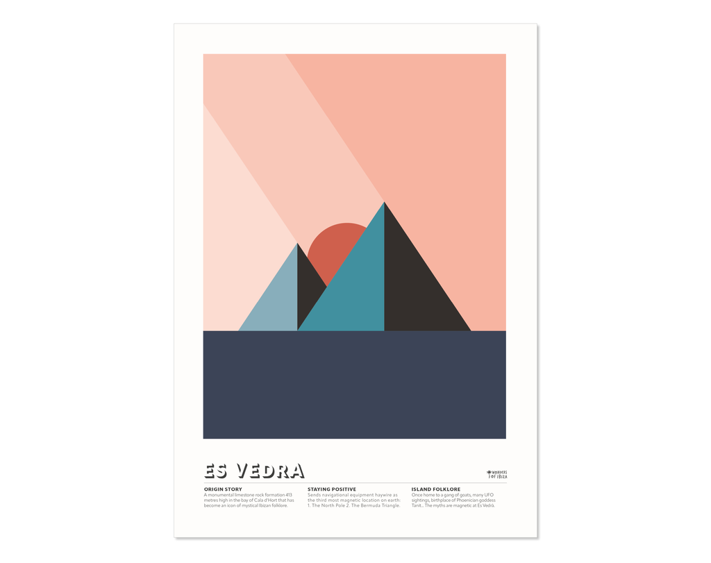 Minimal style graphic design Ibiza art print of Es Vedra, Ibiza represented as pyramids plus a pink sky.