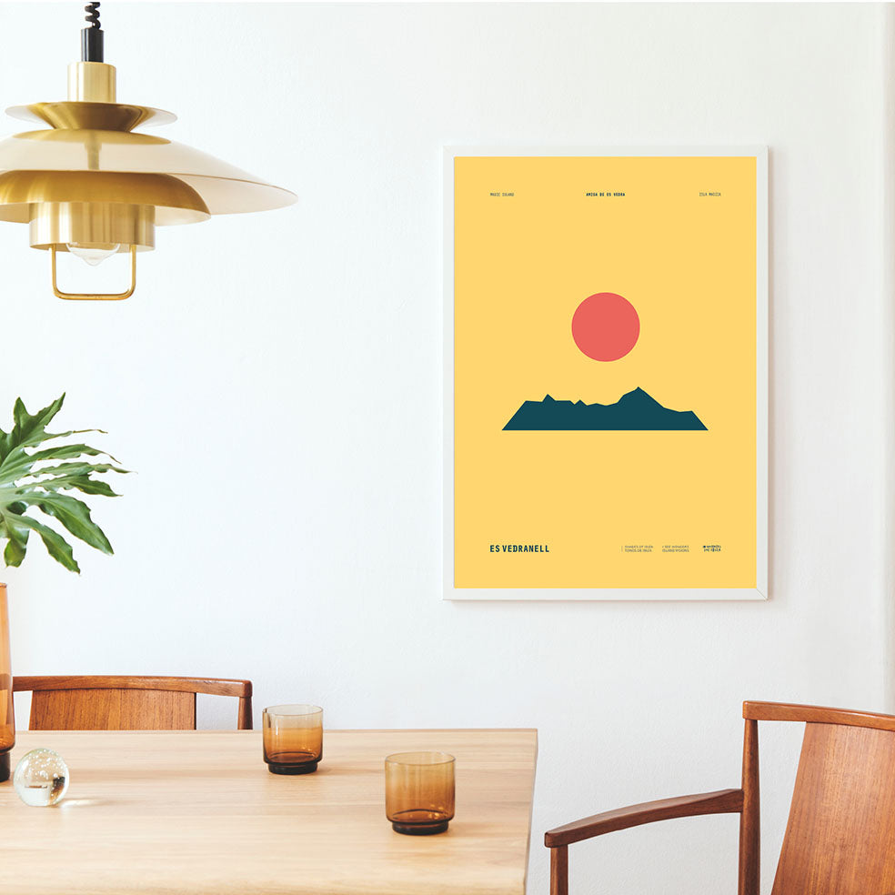 Framed Minimal style graphic design Ibiza art print of Es Vedranell, Es Vedra, Ibiza with the sun setting above
