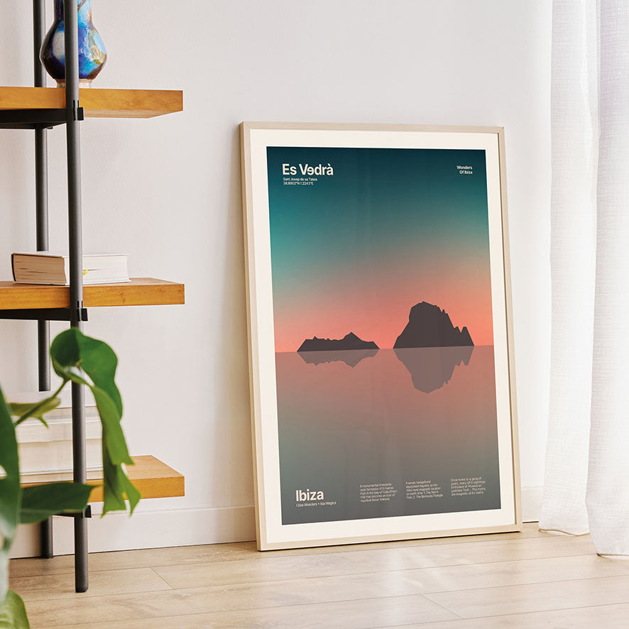 Framed Minimal style art print of Es Vedra. A print of Es Vedra, Ibiza amidst a lush, fantastical, magical sunset.