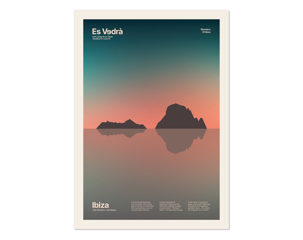 Minimal style art print of Es Vedra. A print of Es Vedra, Ibiza amidst a lush, fantastical, magical sunset.