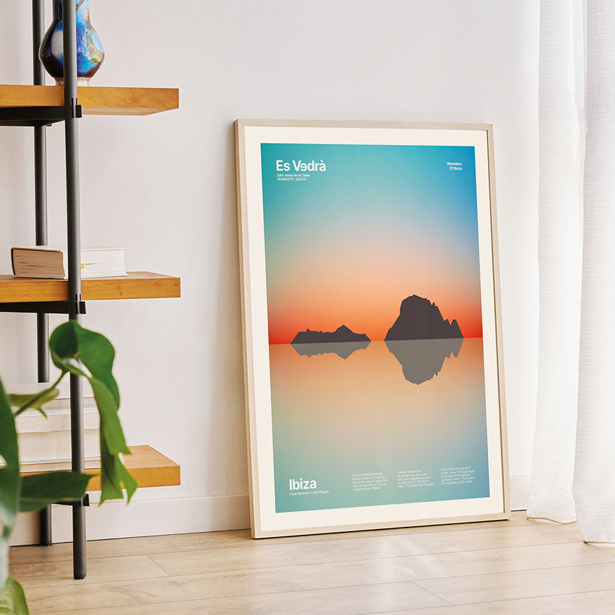 Framed Minimal style art print of Es Vedra. A print of Es Vedra, Ibiza amidst a lush, fantastical, magical sunset.