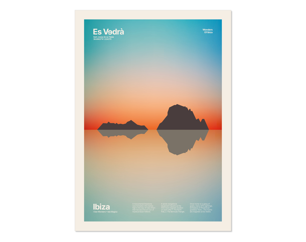 Minimal style art print of Es Vedra. A print of Es Vedra, Ibiza amidst a lush, fantastical, magical sunset.