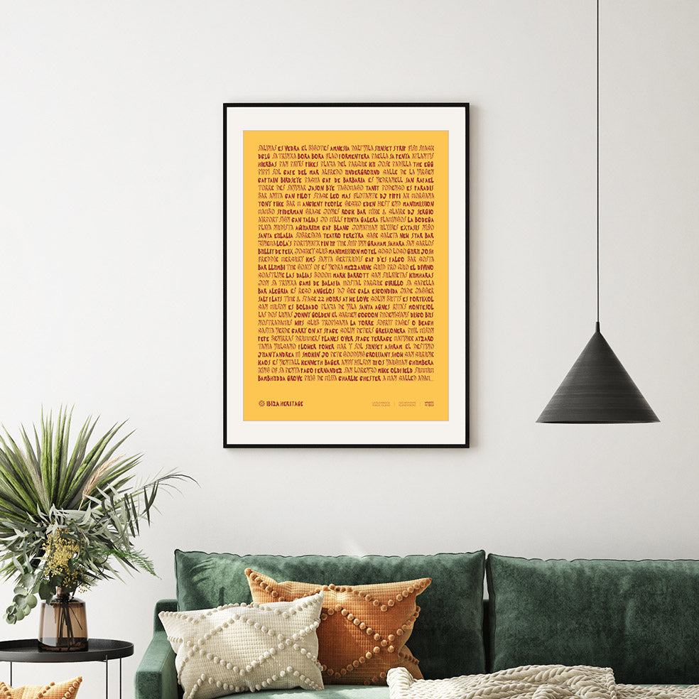 Framed Minimal style Ibiza art print in tribute to just some of the people, places and things that form part of the magical heritage of Ibiza. 