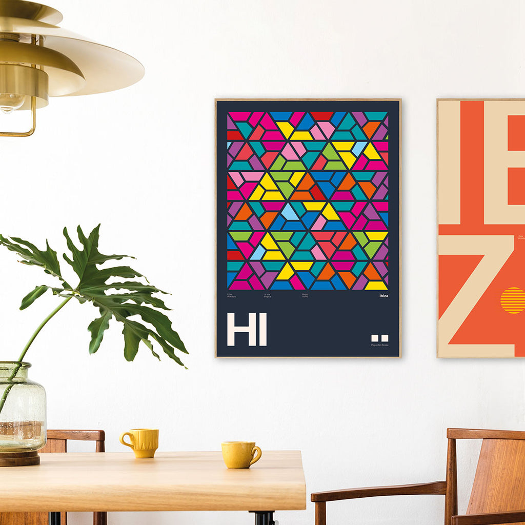 Framed Minimal style Ibiza art print with XL bold type in tribute to the unforgettable lighting in those epic toilets at Hi, Ibiza. 
