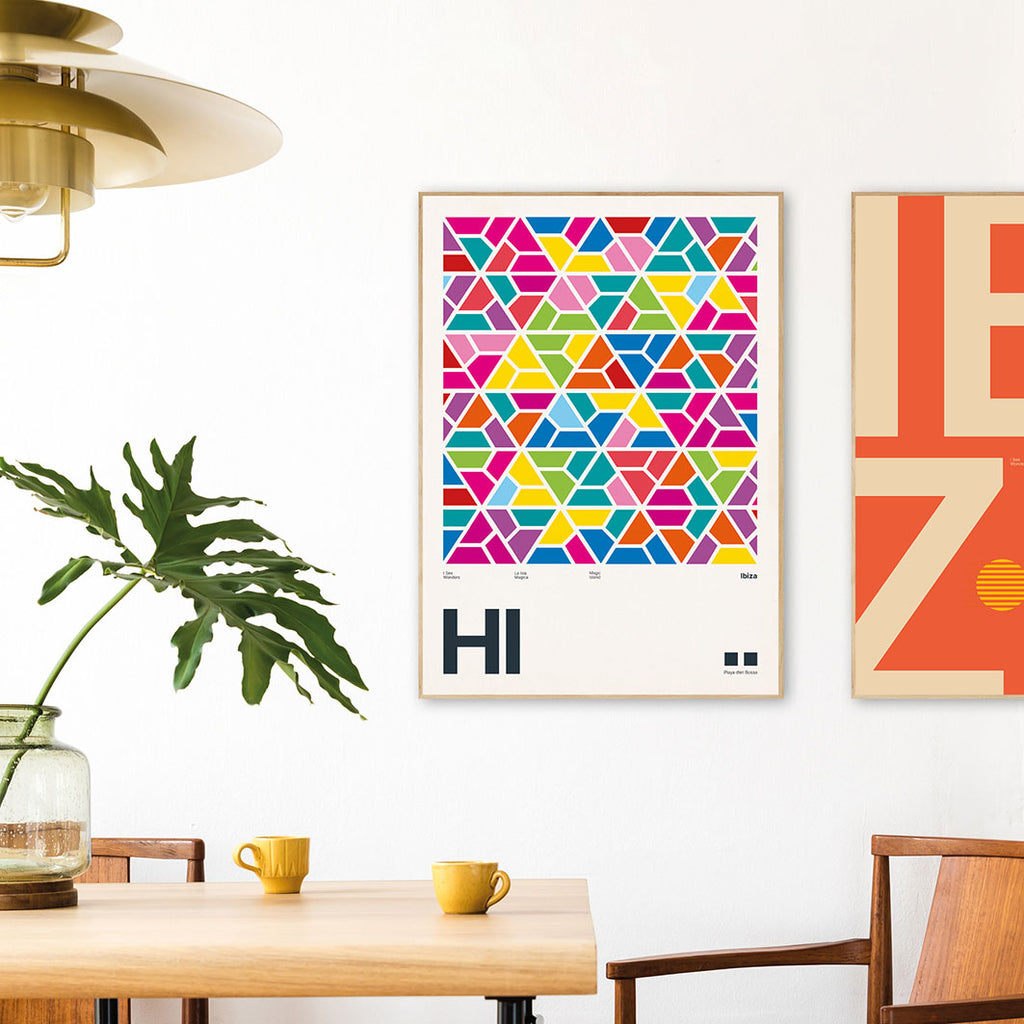 Framed Minimal style Ibiza art print with XL bold type in tribute to the unforgettable lighting in those epic toilets at Hi, Ibiza.  
