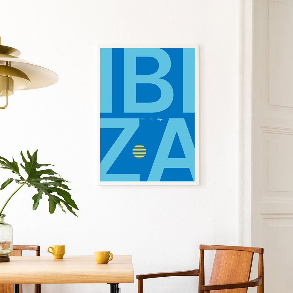 Framed Minimal style Ibiza typography print with the work Ibiza in dark and light blue colours. 