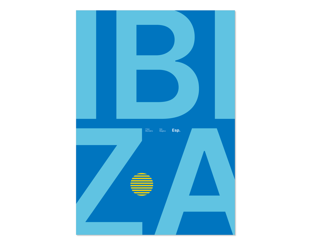 Minimal style Ibiza typography print with the word Ibiza in dark and light blue colours. 