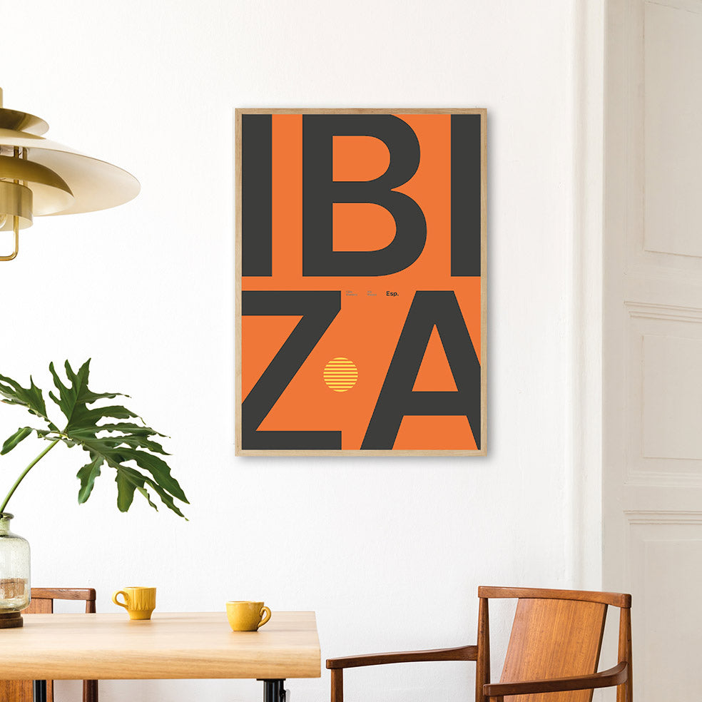 Framed Minimal style Ibiza typography print with the word Ibiza in orange and charcoal colours.