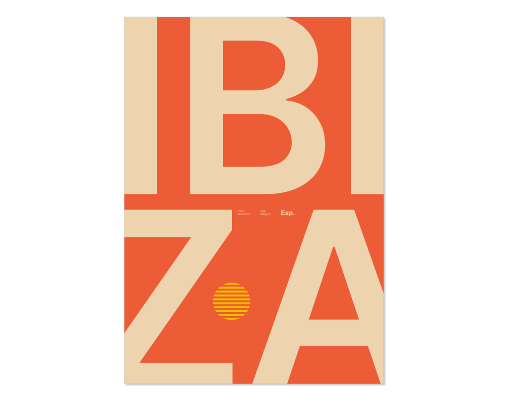 Minimal style Ibiza typography print with the word Ibiza in soft red and sandy colours.