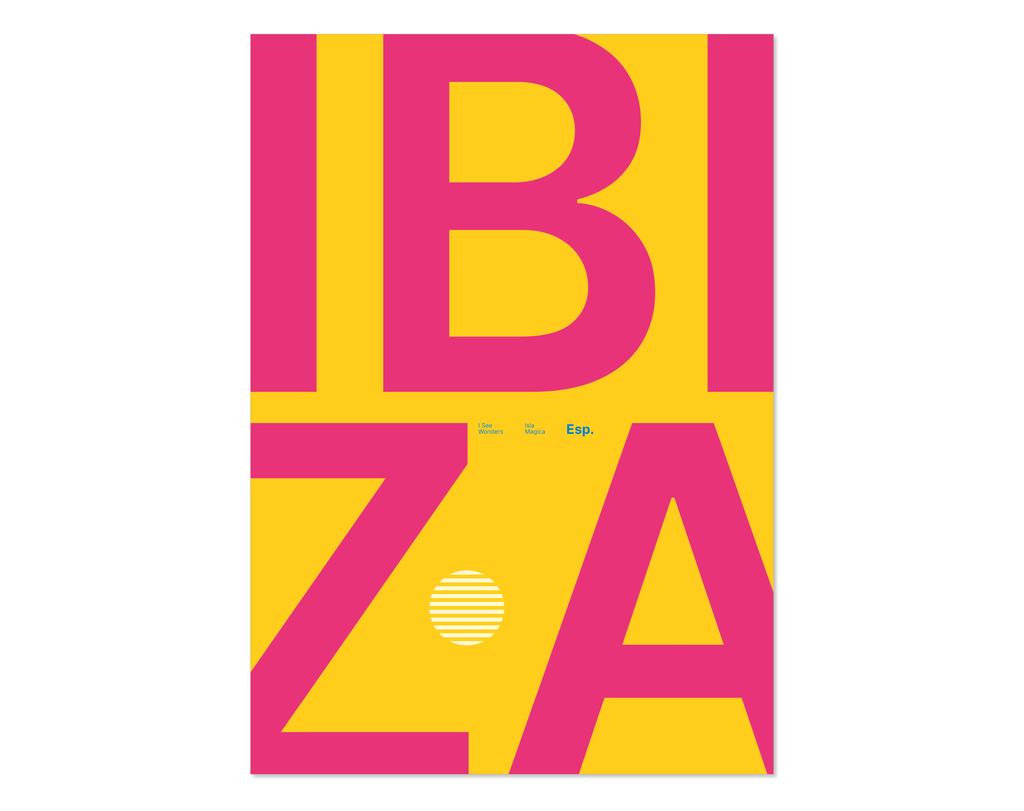 Minimal style Ibiza typography print with the word Ibiza in yell and pink colours.