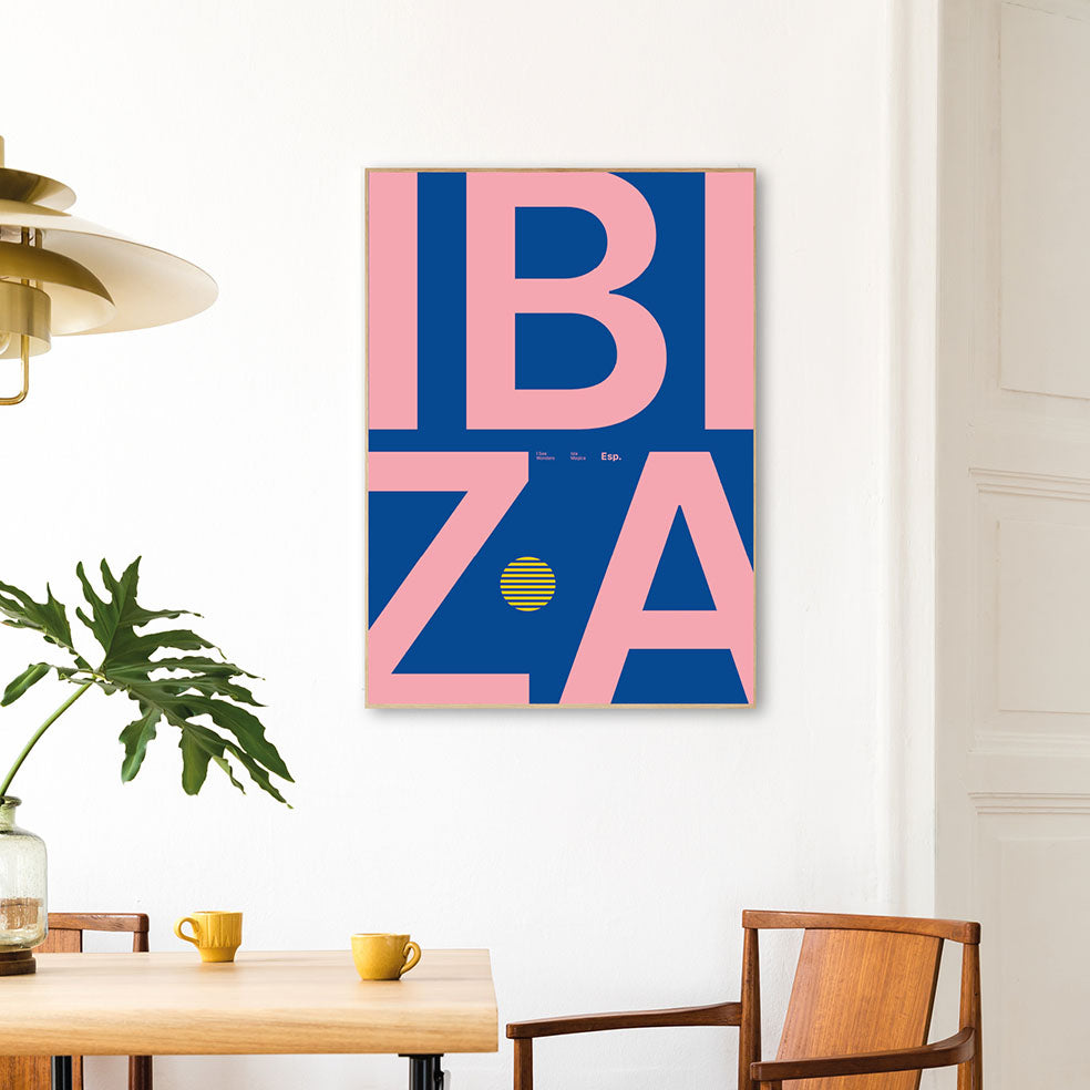 Framed Minimal style Ibiza typography print with the word Ibiza in blue and pink colours.