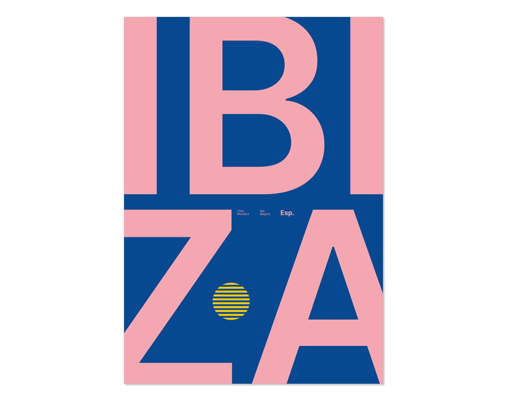 Minimal style Ibiza typography print with the word Ibiza in blue and pink colours.