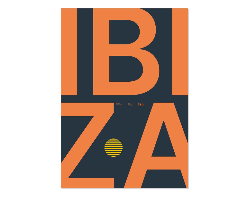 Minimal style Ibiza typography print with the word Ibiza in rich navy and orange colours.  