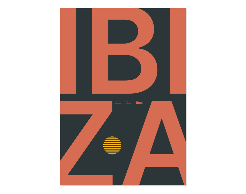 Minimal style Ibiza typography print with the word Ibiza in warm colours on a dark, rich backdrop.