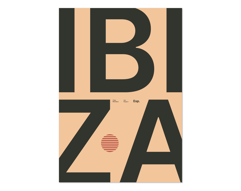 Minimal style Ibiza typography print with the word Ibiza in a rich colour on a pastel, warm backdrop.