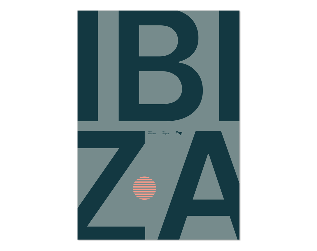 Minimal style Ibiza typography print with the word Ibiza in a rich, dark navy on a grey/blue backdrop 