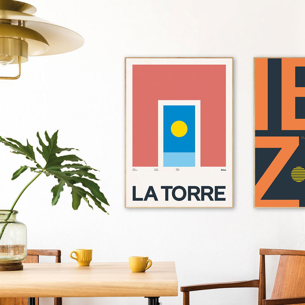 Framed Minimal style Ibiza art print with XL bold type in tribute to La Torre, Ibiza.