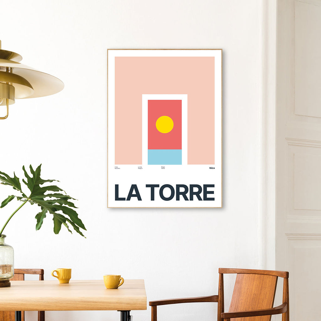 Framed Minimal style Ibiza art print with XL bold type in tribute to La Torre, Ibiza.  
