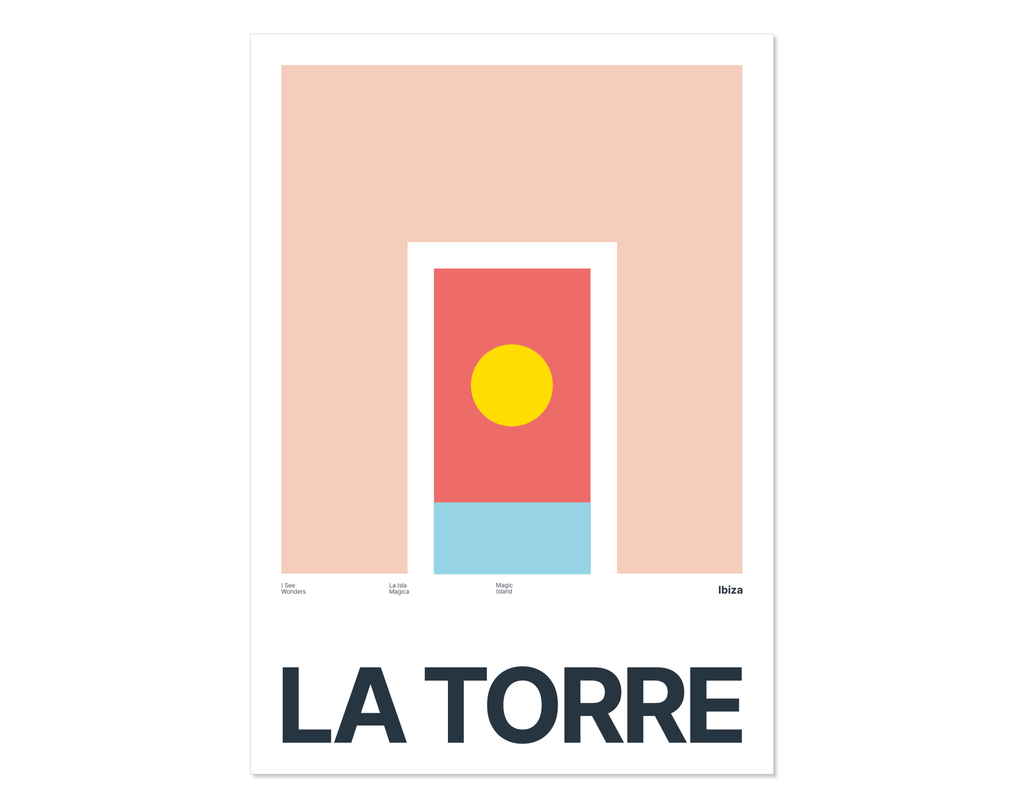 Minimal style Ibiza art print with XL bold type in tribute to La Torre, Ibiza.