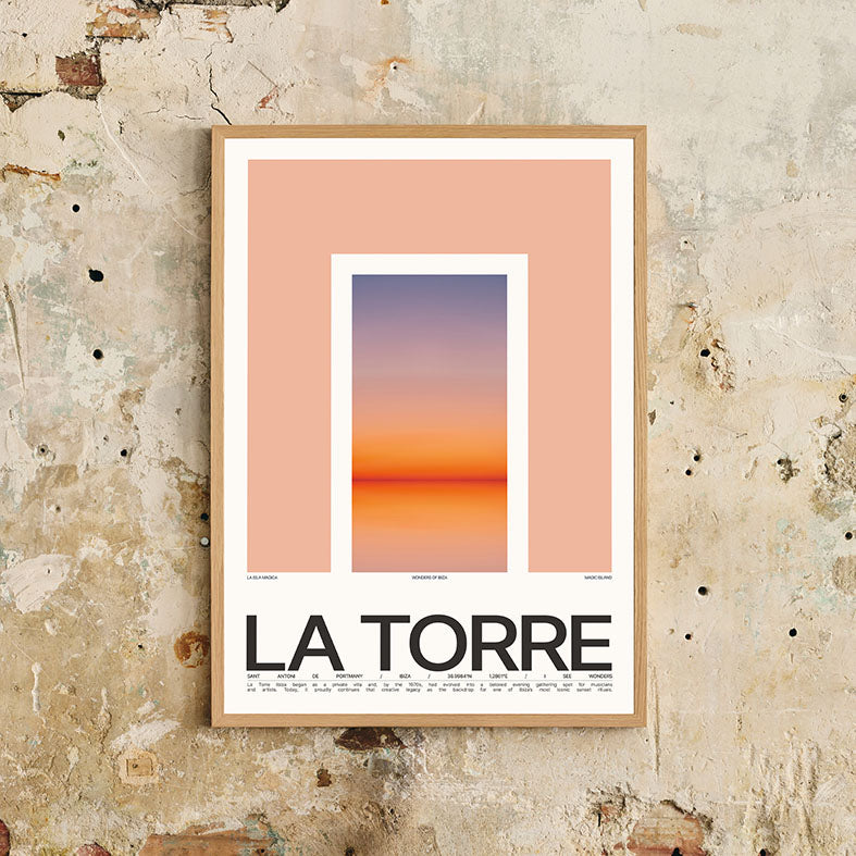 Framed Minimal style graphic design Ibiza art print of the entrance to epic sunset location La Torre, Ibiza. 