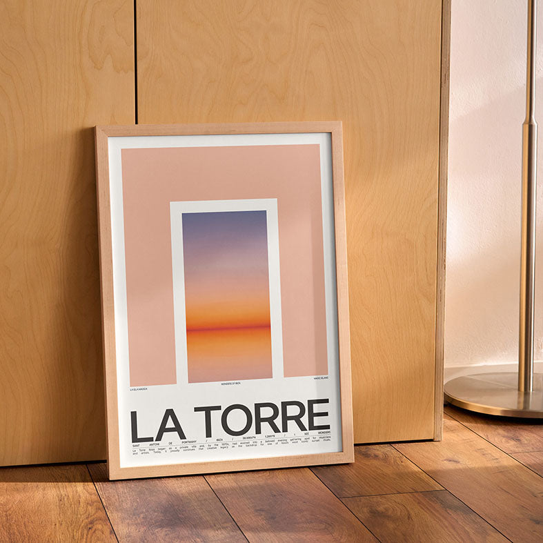 Framed Minimal style graphic design Ibiza art print of the entrance to epic sunset location La Torre, Ibiza. 