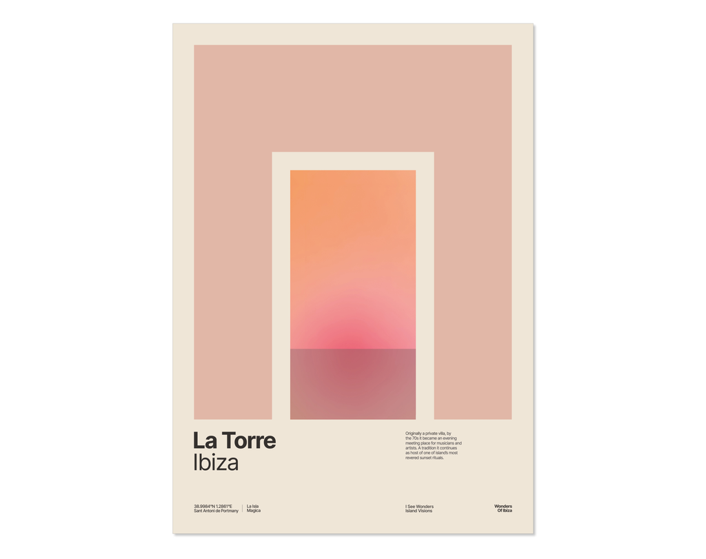 Minimal style graphic design Ibiza art print of the entrance to epic sunset location La Torre, Ibiza. 