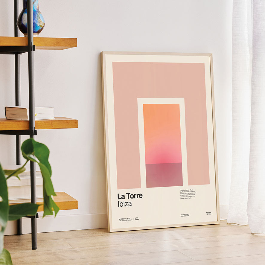 Framed Minimal style graphic design Ibiza art print of the entrance to epic sunset location La Torre, Ibiza. 