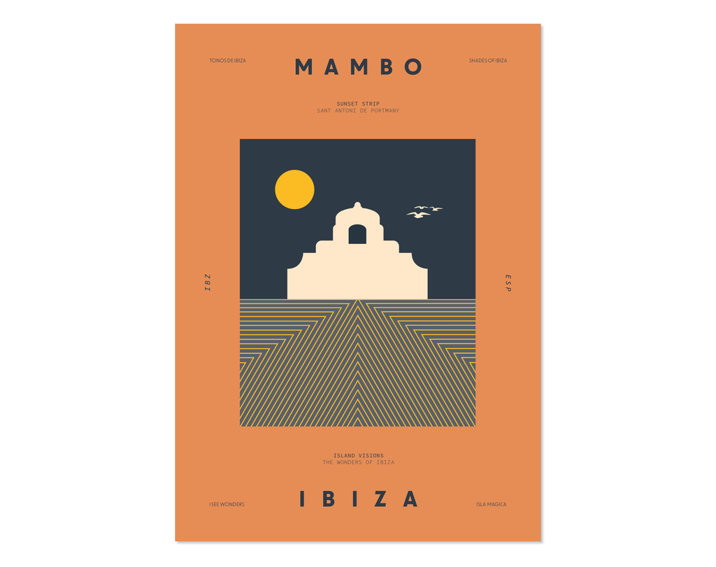 Minimal style graphic design Ibiza art print of Mambo, Ibiza in tribute to legendary sunset rituals. 