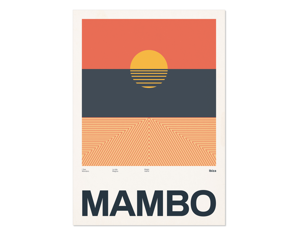 Minimal style Ibiza art print with XL bold type in tribute to sunset sessions at Mambo, Ibiza