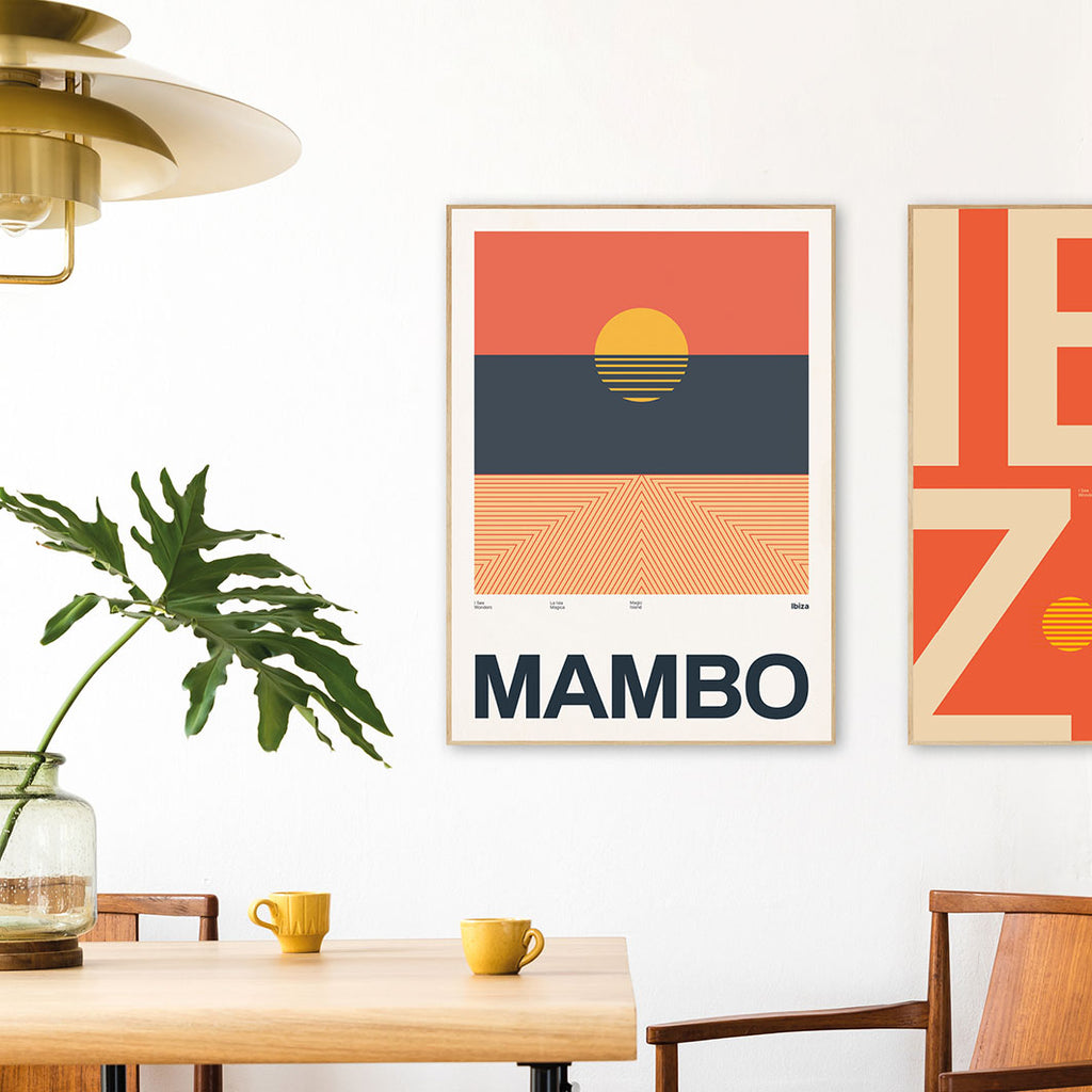 Framed Minimal style Ibiza art print with XL bold type in tribute to sunset sessions at Mambo, Ibiza