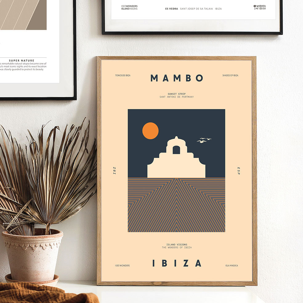 Framed Minimal style graphic design Ibiza art print of Mambo, Ibiza in tribute to legendary sunset rituals.