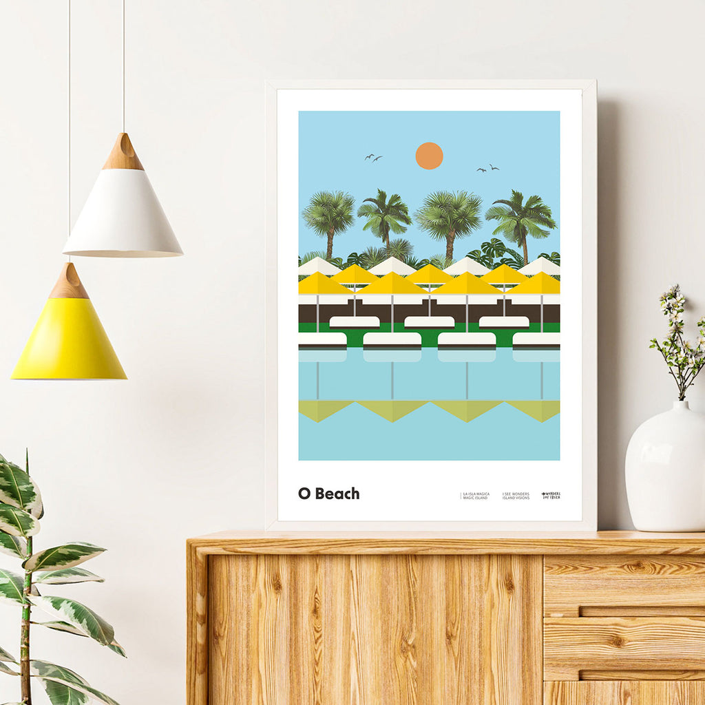 framed Minimal style graphic design Ibiza art print of O Beach pool and garden and their iconic parasols reflecting in the water.  