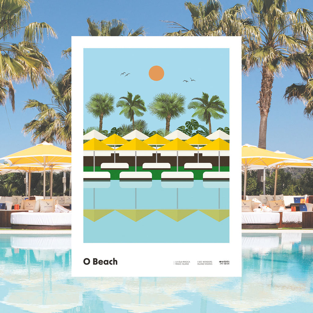 Minimal style graphic design Ibiza art print of O Beach pool and garden and their iconic parasols reflecting in the water.  