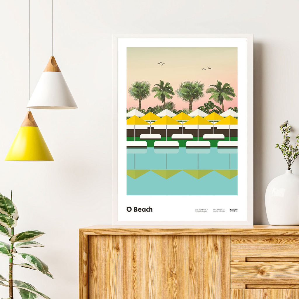 Framed Minimal style graphic design Ibiza art print of O Beach pool and garden and their iconic parasols reflecting in the water.