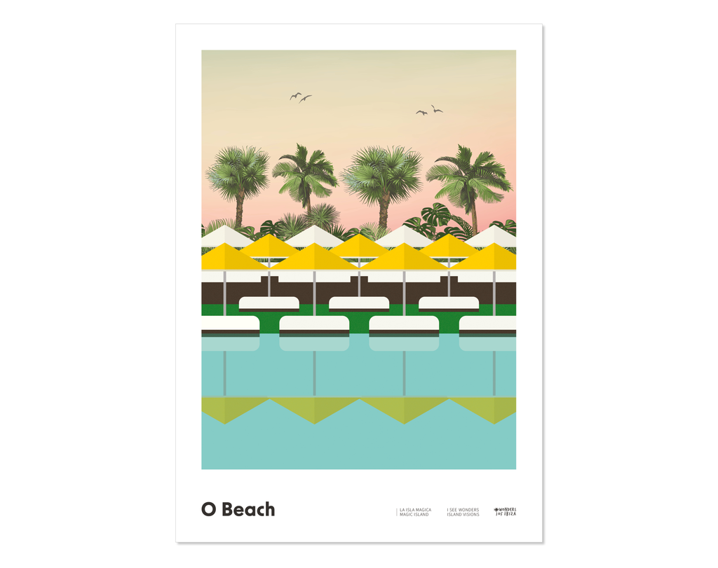 Minimal style graphic design Ibiza art print of O Beach pool and garden and their iconic parasols reflecting in the wate