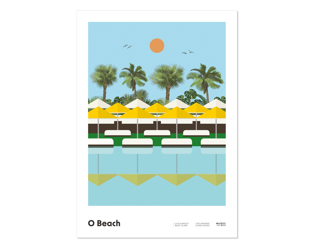 Minimal style graphic design Ibiza art print of O Beach pool and garden and their iconic parasols reflecting in the water.