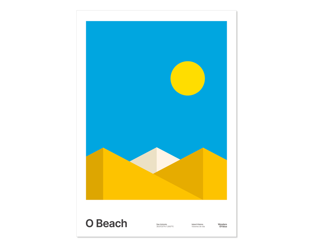 Minimalist graphic design print of the yellow parasols at O Beach, Ibiza.