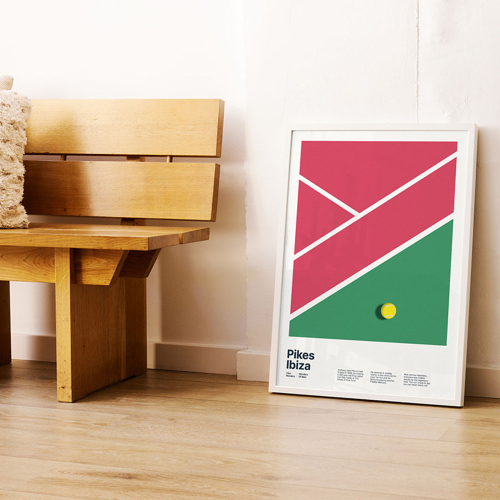 Framed Minimalist graphic design print of the pink and green coloured tennis court at Pikes Hotel Ibiza.